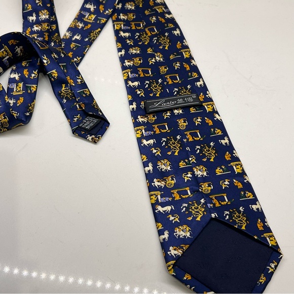 LANBO Dark Blue Cream Gold Green Chinese / Horse Print 100% Silk Neck Tie 57” - Picture 5 of 9